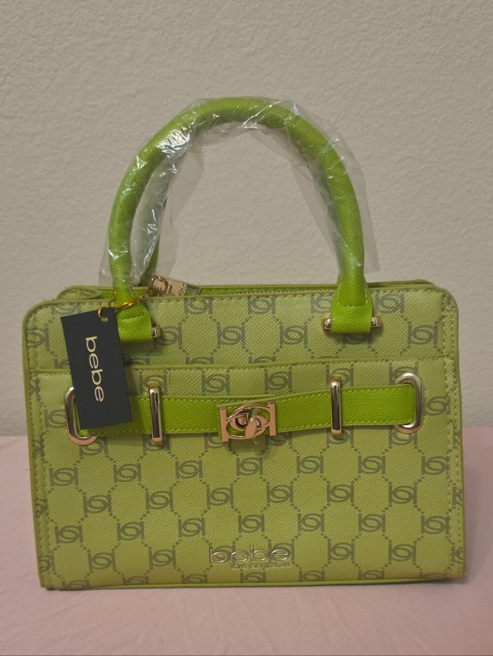 bebe Lime Green Monogram Satchel with Gold Hardware